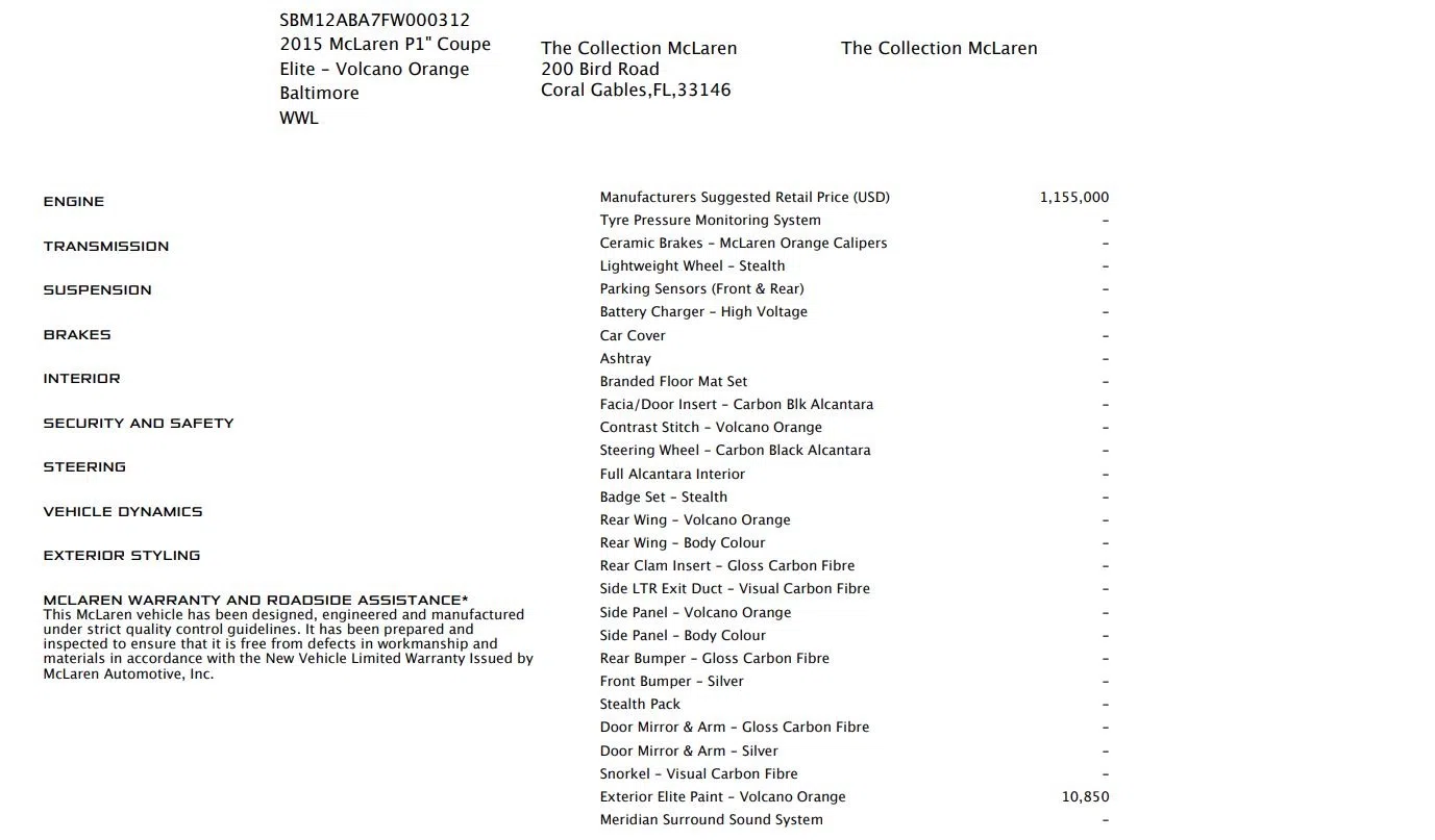 2015 McLaren P1, documents and keys