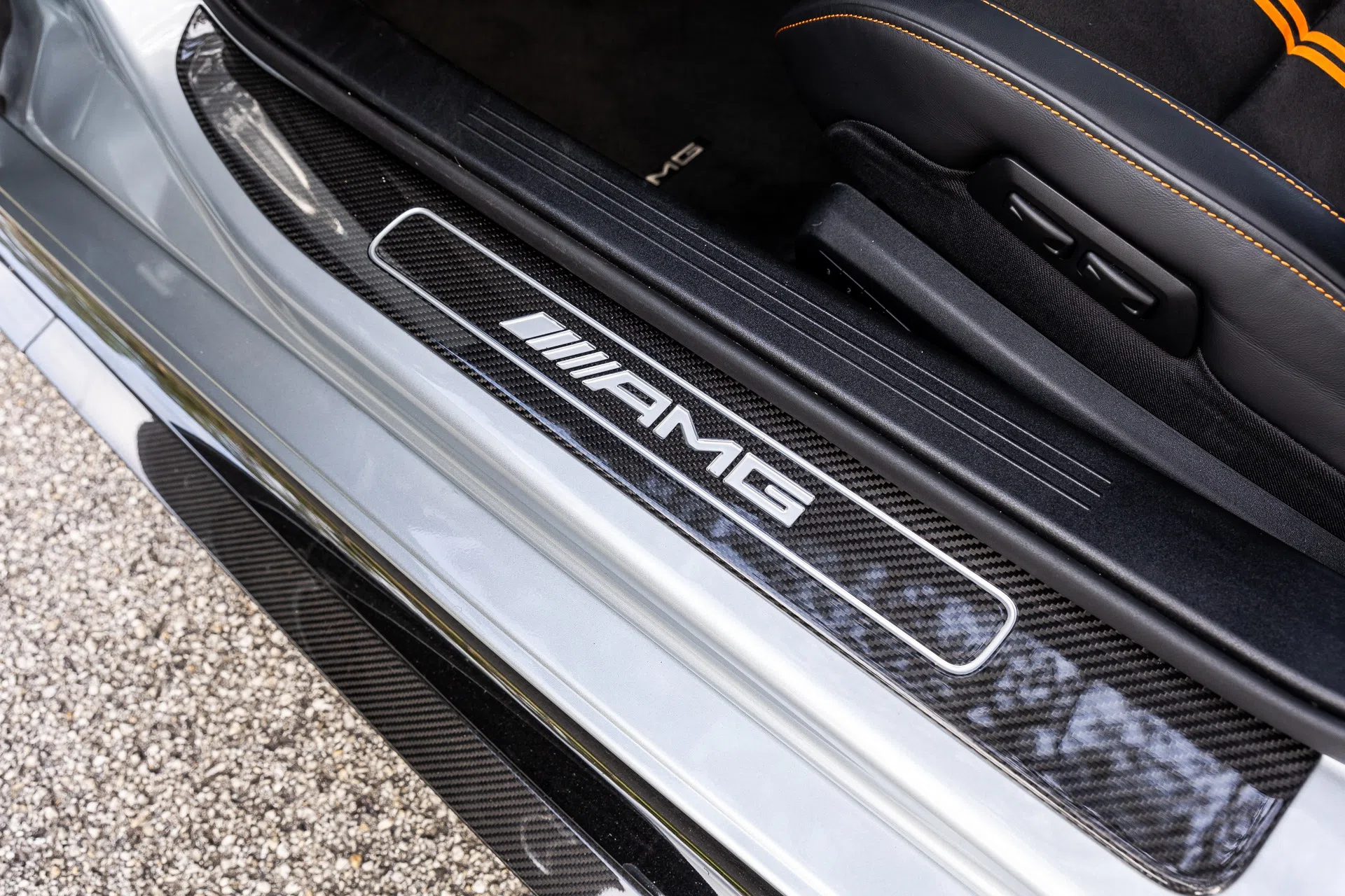 2021 Mercedes-AMG GT Black Series interior, door sill, Black w/ Orange Stitching