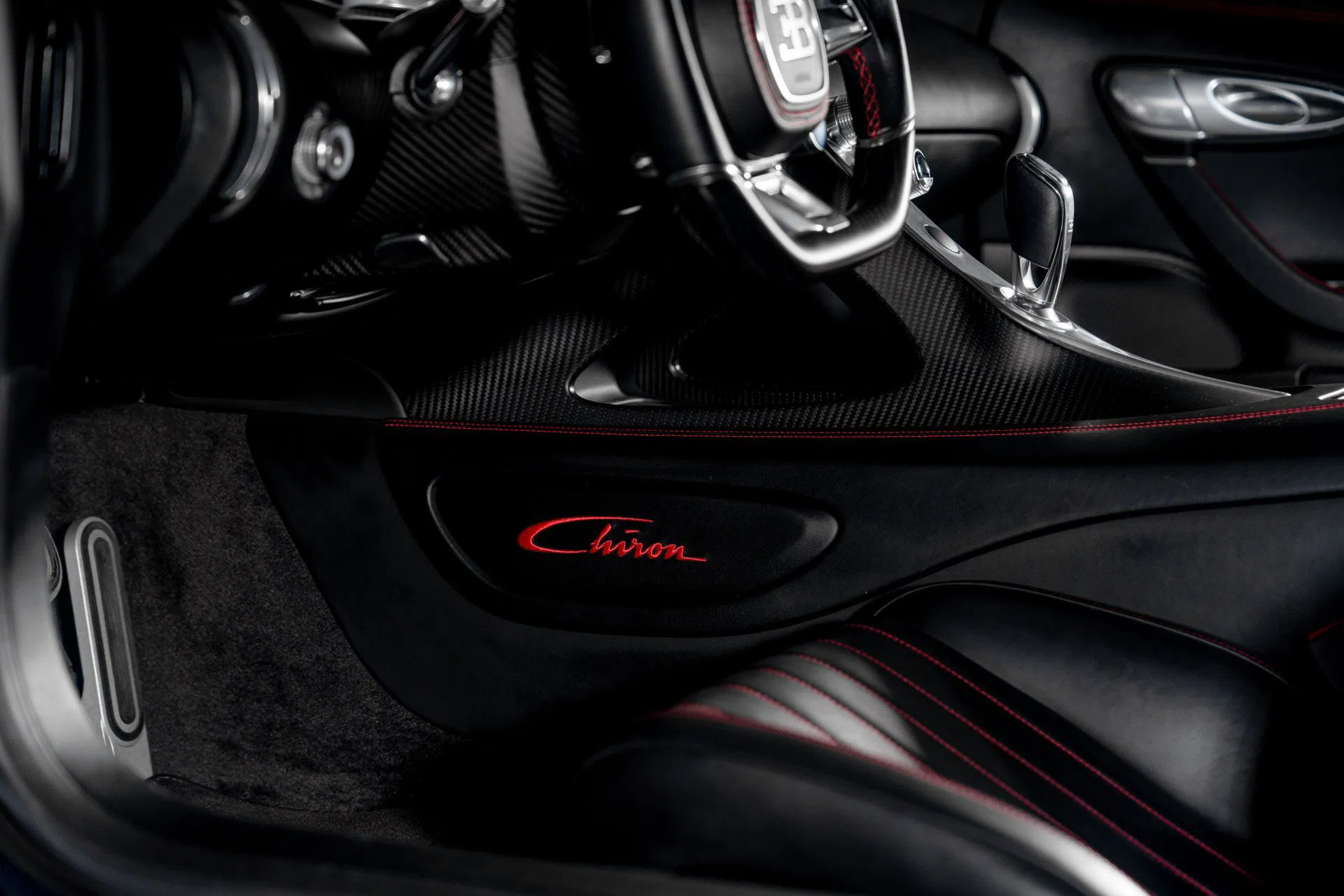 2018 Bugatti Chiron interior, center console, Beluga Black Carbon