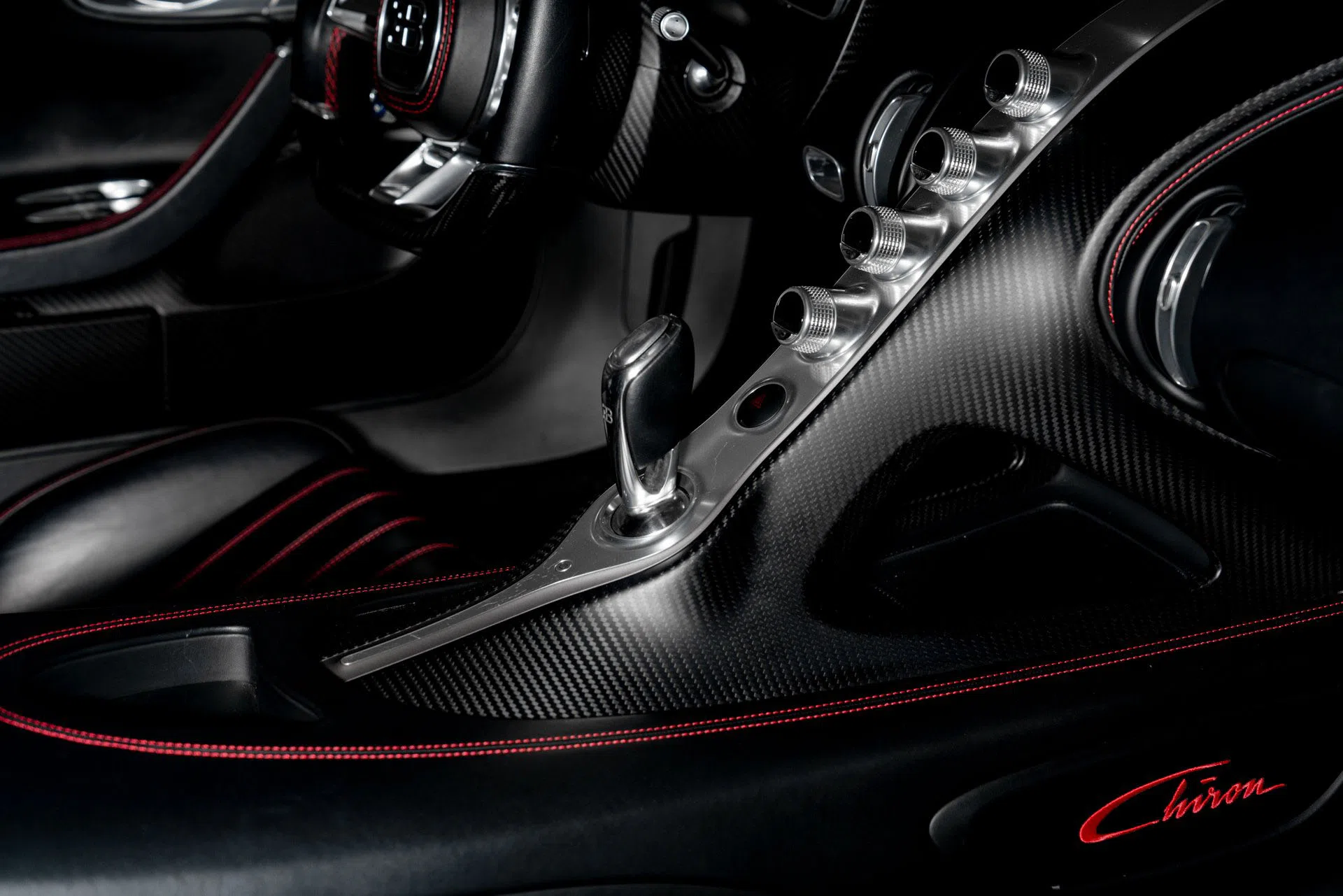 2018 Bugatti Chiron interior, center console, Beluga Black Carbon