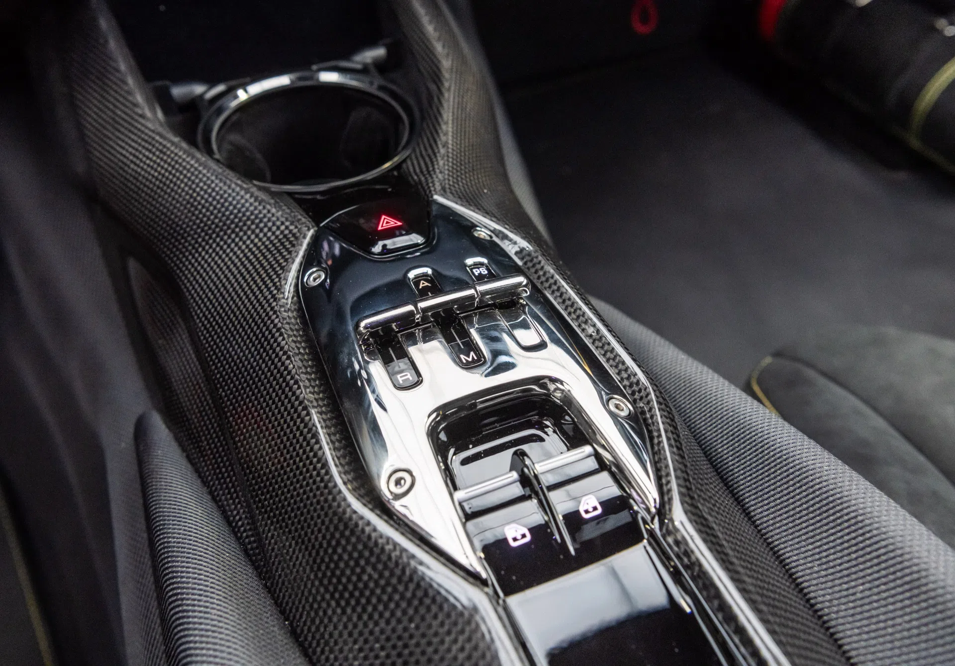 2022 Ferrari 812 Competizione interior, center console, Black Alcantara w/ Yellow