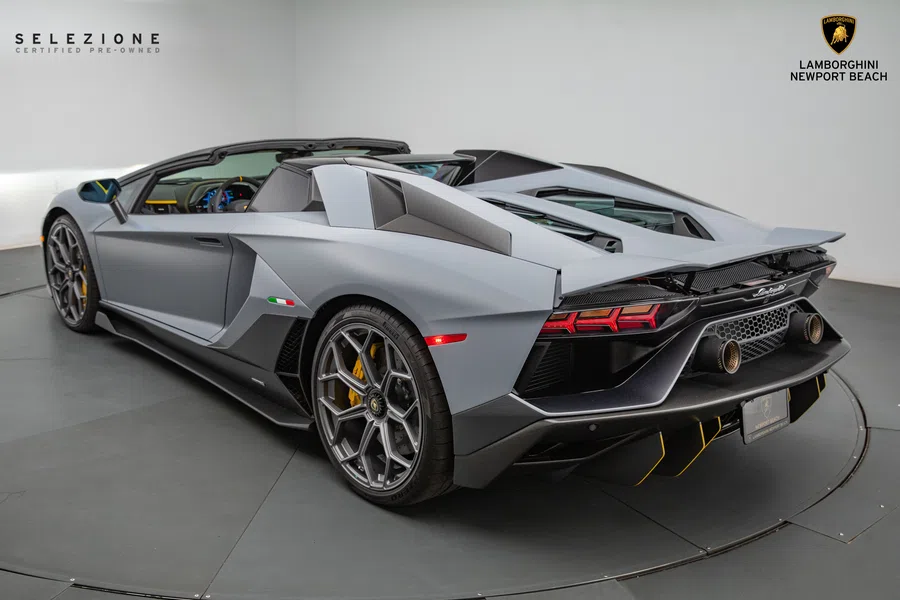 2022 Lamborghini Aventador LP 780-4 Ultimae, rear three-quarter view, Grigio Acheso Matt