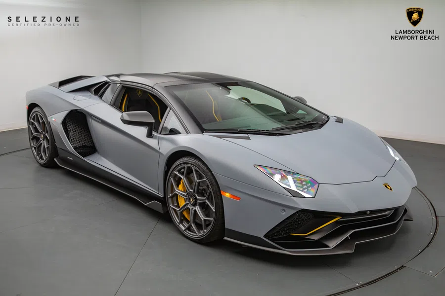 2022 Lamborghini Aventador LP 780-4 Ultimae for sale, front three-quarter view, Grigio Acheso Matt