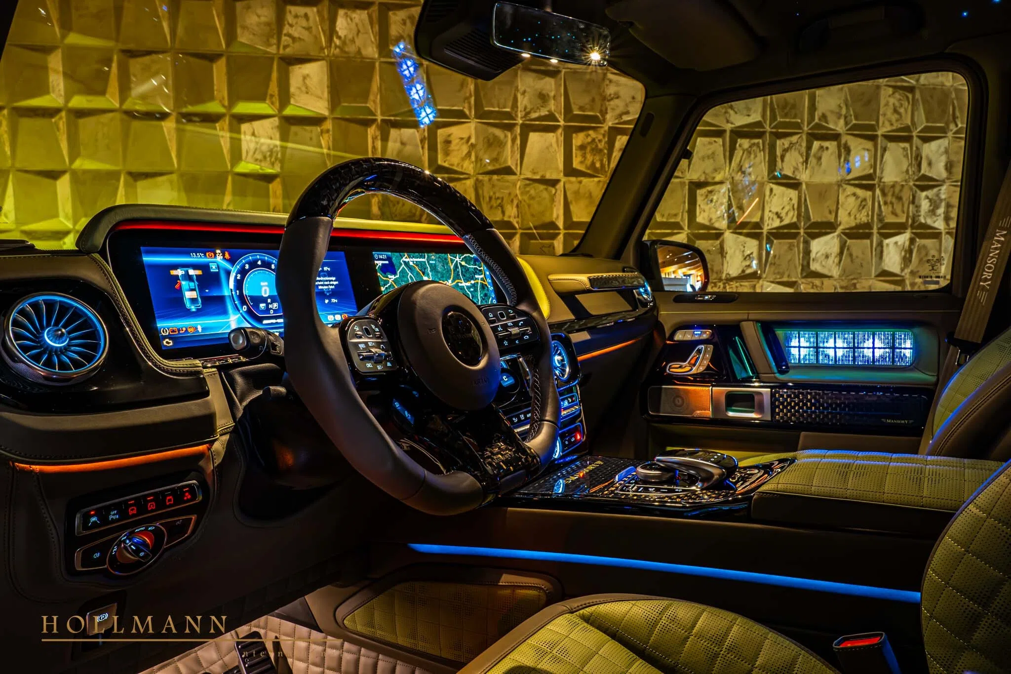 2023 Mansory G-Class interior, dashboard, Leather Grey + Green