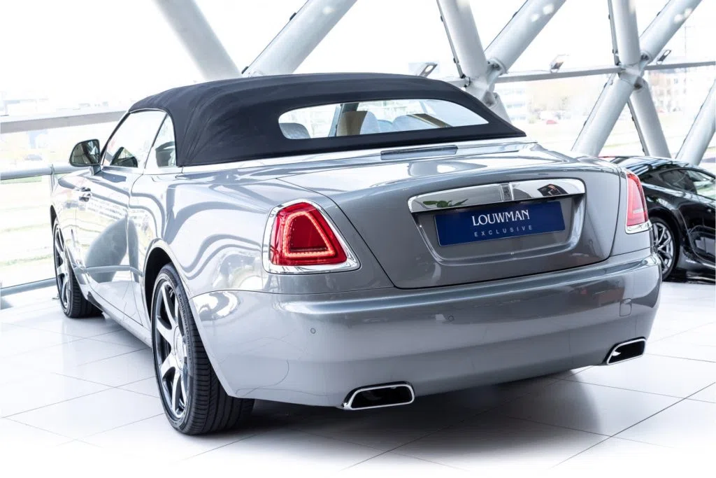 2018 Rolls-Royce Dawn, rear three-quarter view, Stone Grey metallic
