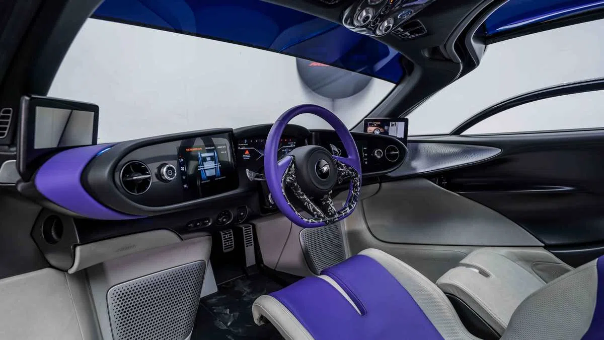 2020 McLaren Speedtail interior, dashboard, White | Purple