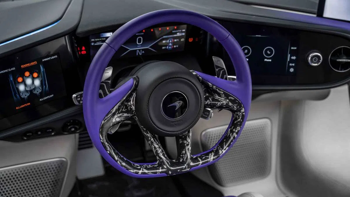 2020 McLaren Speedtail interior, steering wheel, White | Purple