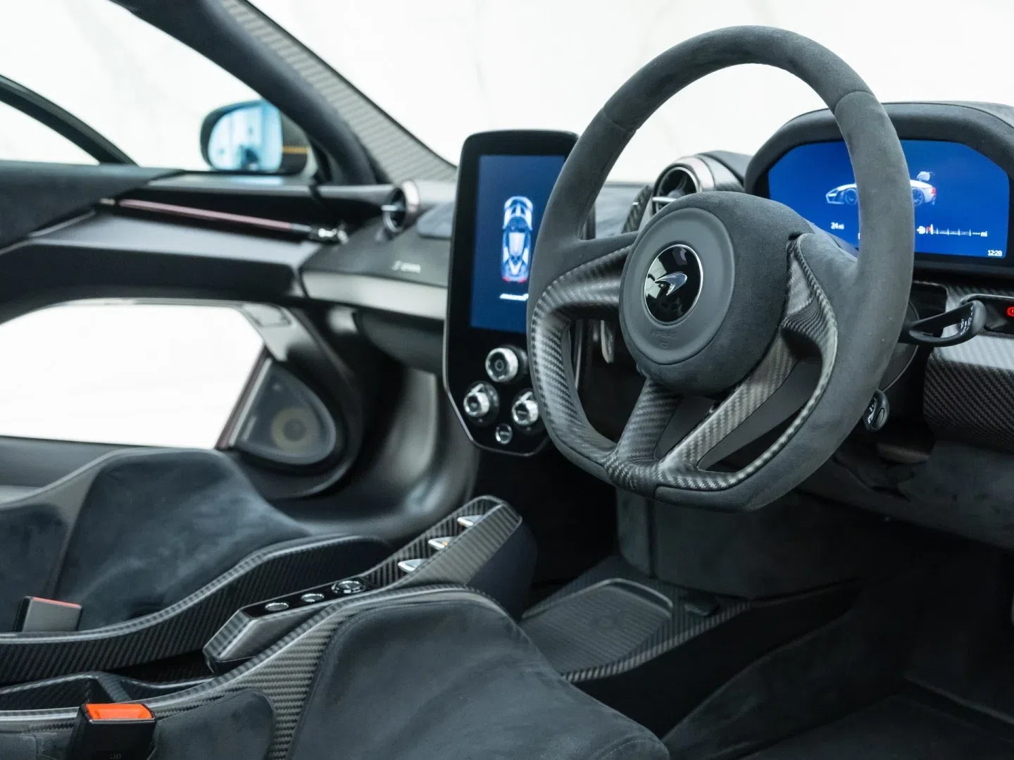 2019 McLaren Senna interior, dashboard, Black Alcantara