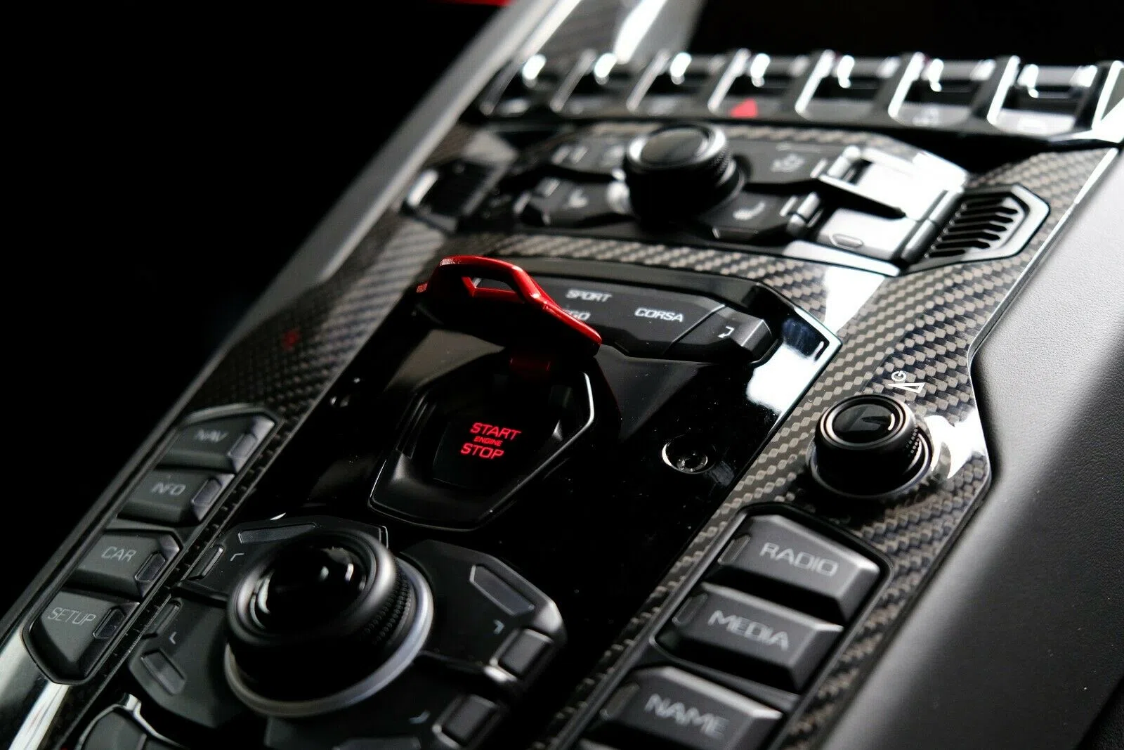 2019 Lamborghini Aventador SVJ interior, center console, Black | Red