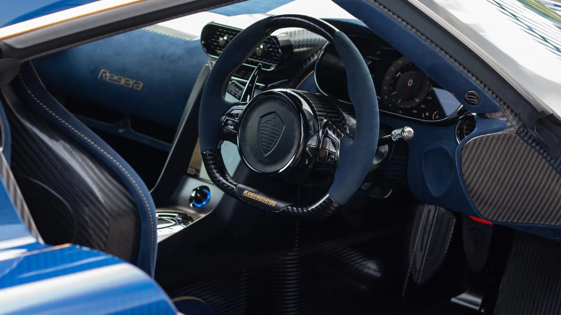 2020 Koenigsegg Regera interior, Dark Blue Alcantara