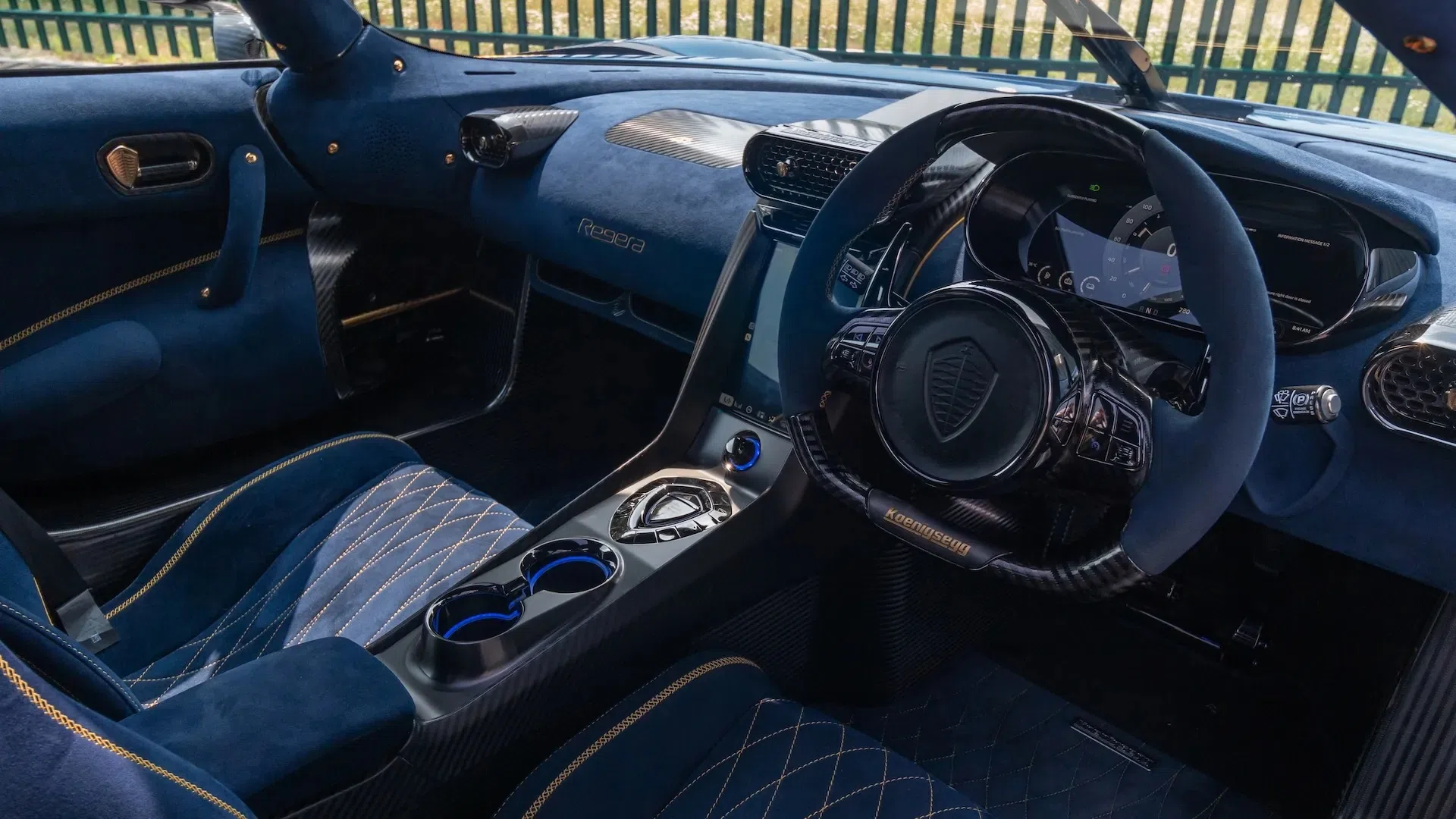2020 Koenigsegg Regera interior, dashboard, Dark Blue Alcantara