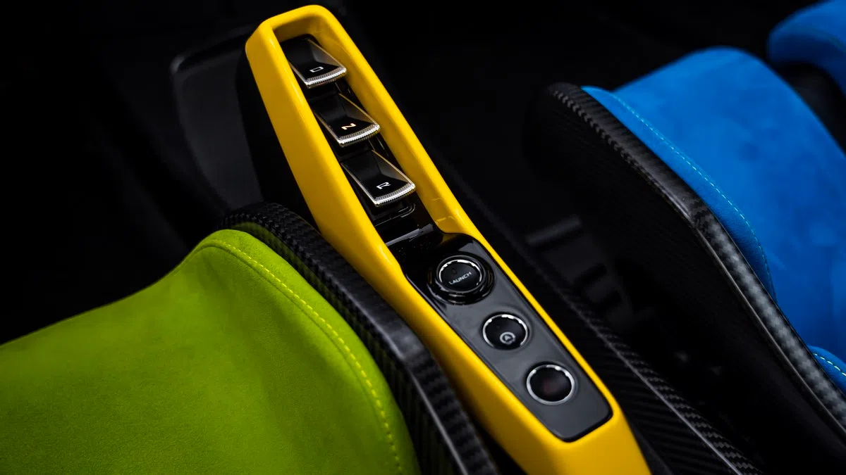 2019 McLaren Senna interior, center console, Black | Blue | Green