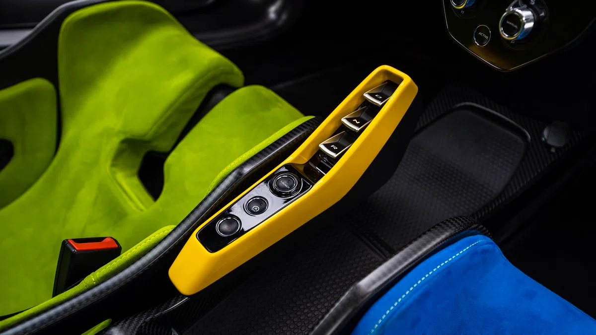 2019 McLaren Senna interior, center console, Black | Blue | Green