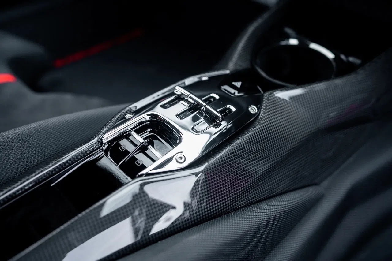 2023 Ferrari 812 Competizione interior, center console, Alcantara Nero