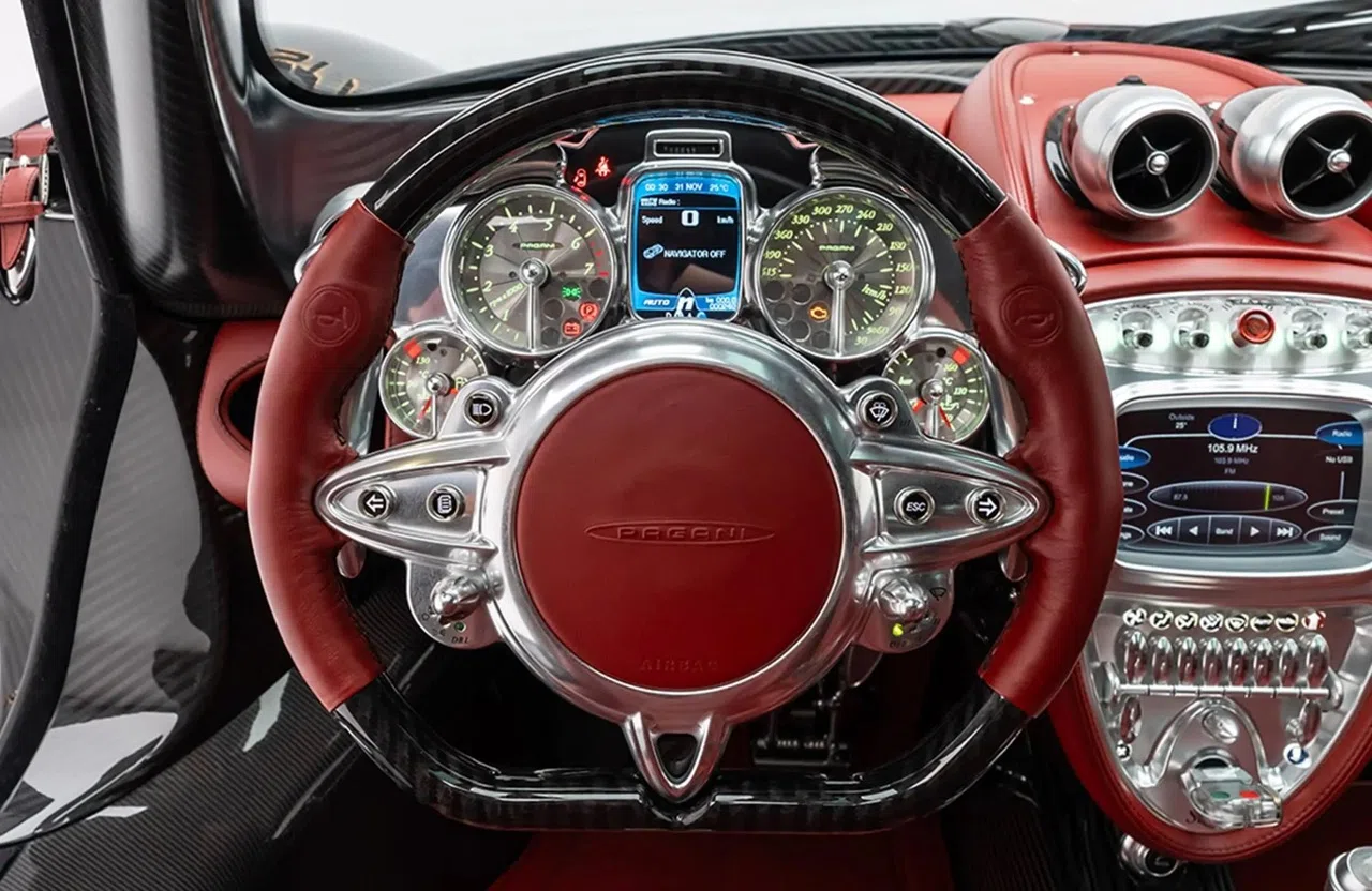 2014 Pagani Huayra Carbon Edition interior, Hand-stitched red leather