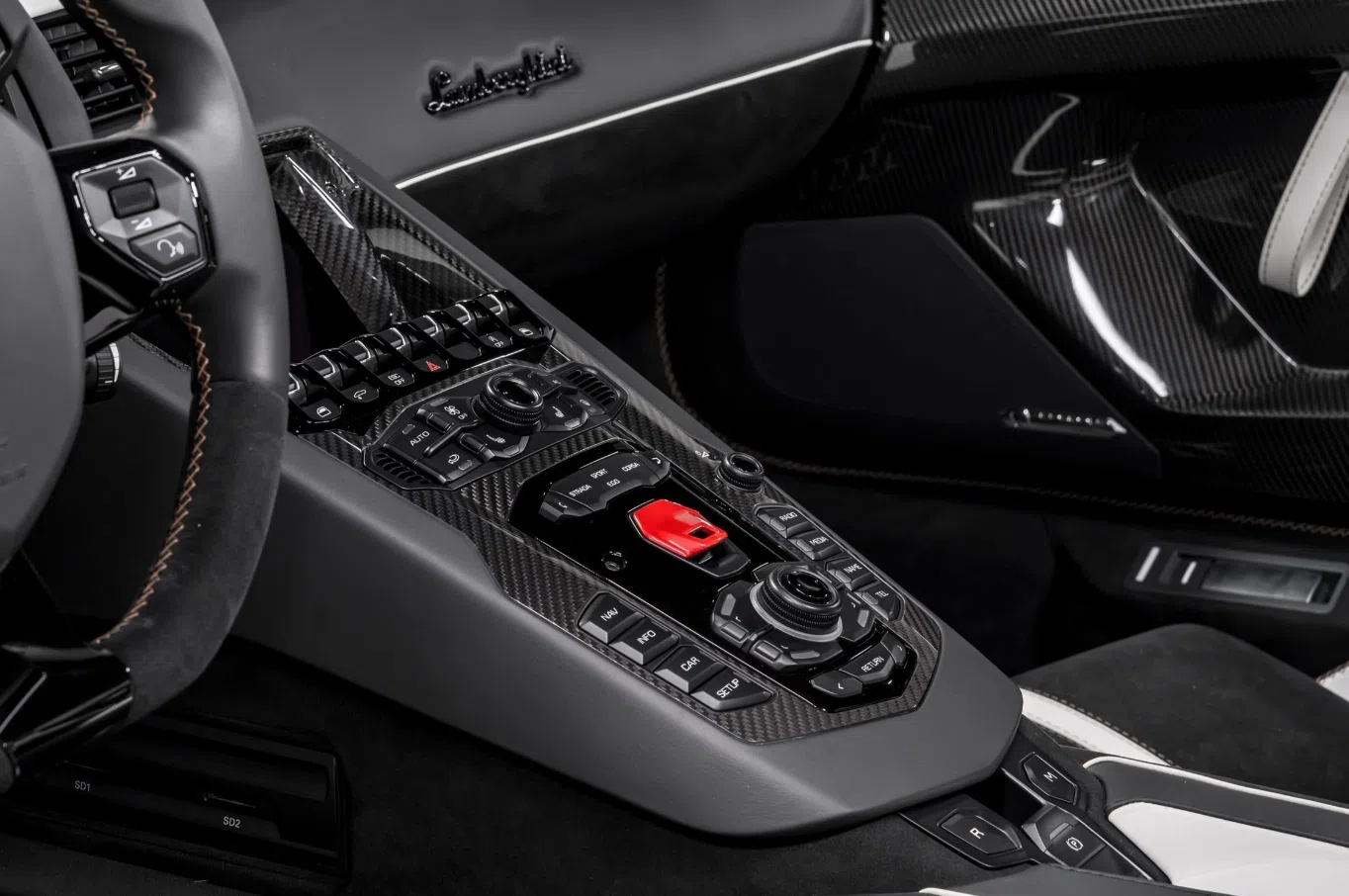 2020 Lamborghini Aventador SVJ Roadster interior, center console, Nero Cosmus